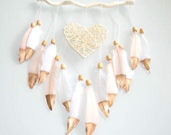 Boho Wall Hanging Feather Dream Catcher Home Decor, Wicker Heart Wall Art Decor, White Blush Boho Nursery Bedroom Decor, Baby Shower Gift
