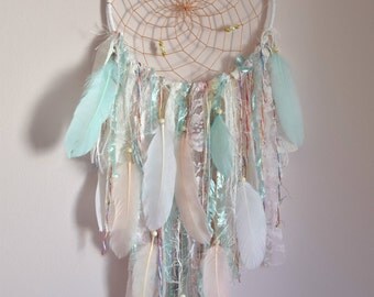Boho Nursery Decor, Boho Feather Lace Dreamcatcher, Mint Blush Bedroom Nursery Wall Decor, Tribal Baby Shower Gift, Wall Hanging Decor