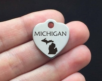 United States Stainless Steel Charm - Michigan - Laser Engraved - USA - 19mm x 22mm - Quantity Options - F4L79