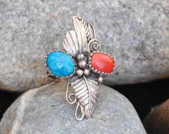 Turquoise and coral ring silver, vintage turquoise ring, vintage coral ring, vintage ring, native american rings, vintage rings, coral