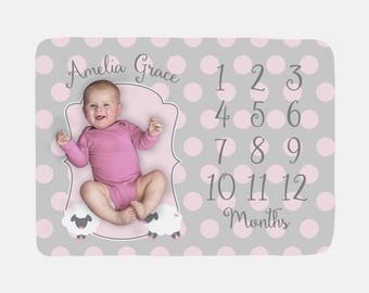 Baby Milestone Blanket | Personalized Pink Little Lamb Baby Month Blanket | Baby Girl Fleece or Minky Blanket