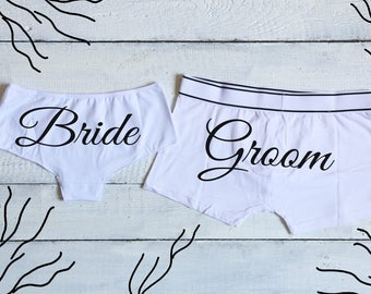 Bride and Groom Set, Bride Groom Underwear, Mr Mrs Undies, Bride panties, Groom Boxers, Wedding Lingerie, Couples Underwear, Wedding Undies
