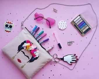 FRIDA Kahlo Vegan Leather Clutch & Handbag Small Leather Bag.Crossbody Bag, Leather Makeup Bag. Leather Cosmetic Bag. Glitter Bag