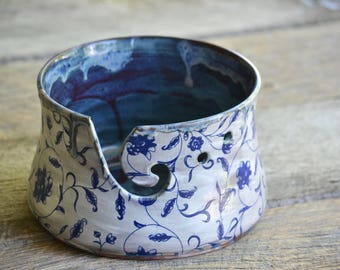 Blue flower large handmade pottery yarn bowl knitting bowl