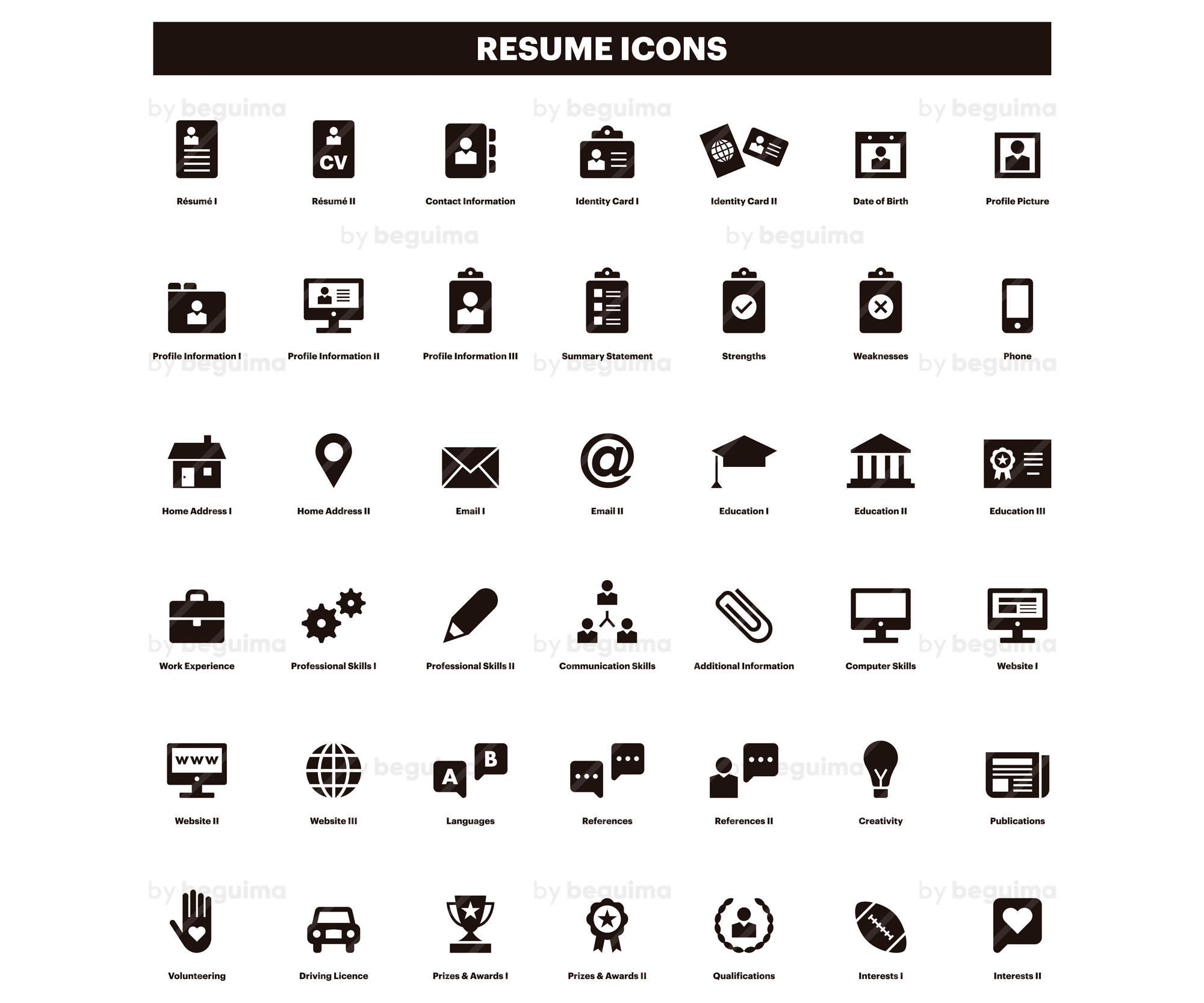 resume icons  cv clip art  curriculum clipart  set of icons  black solid glyph flat  vector file
