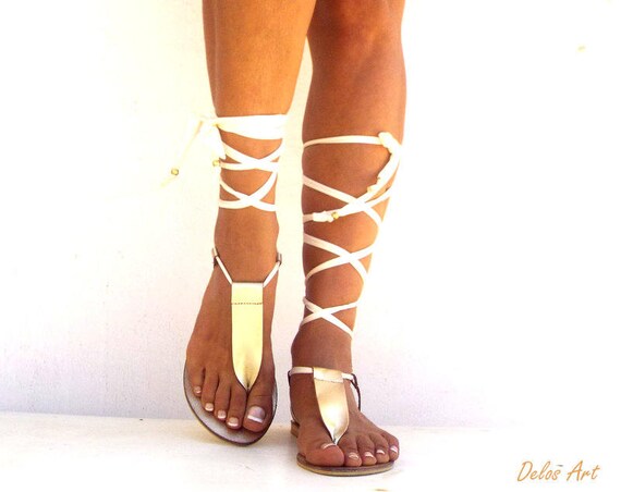Gold Gladiator Leather Sandals Ivory lace up Sandals Greek