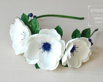 Rose Rustic Headband Wedding Ivory Blue Blueberries Hair flower Wedding Crown Wedding Flower Headband Wedding Crown Flower Head Wreath