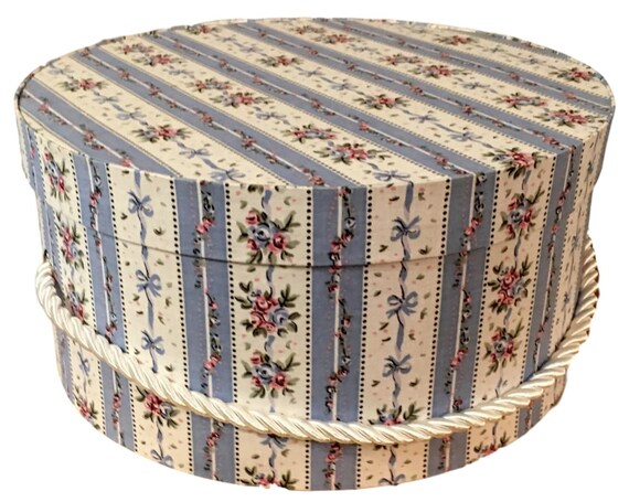 Hat Box in Blue Floral Stripe. Ready to ship Round Box
