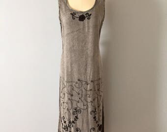 asphalt gray maxi dress || embroidered maxi dress || bow straps back dress