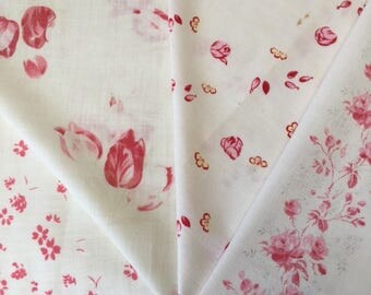 Divine Fabulous Lot French FABRICS Pink ROSES and TULIPS Prints on Pure White Ground Early 1910 Sewing Projects, Dolls, Cushions...