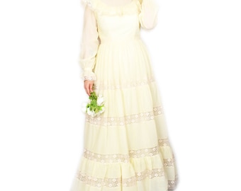 Vintage 70s Maxi Wedding Dress Ivory Beige UK10 Peasant Prairie Hippie Boho Lace
