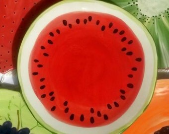 Watermelon dinner dessert salad plate ceramic pottery carefully hand painted microwave safe glazes fruit lover colorful fun creative kitchen