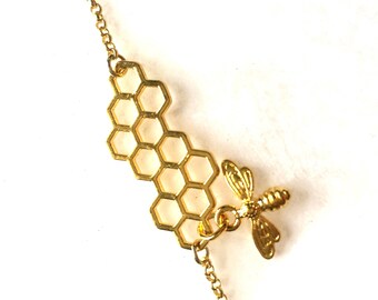 Honeycomb bracelet pendant Golden brass gold brass honey bee honey bee honeycomb