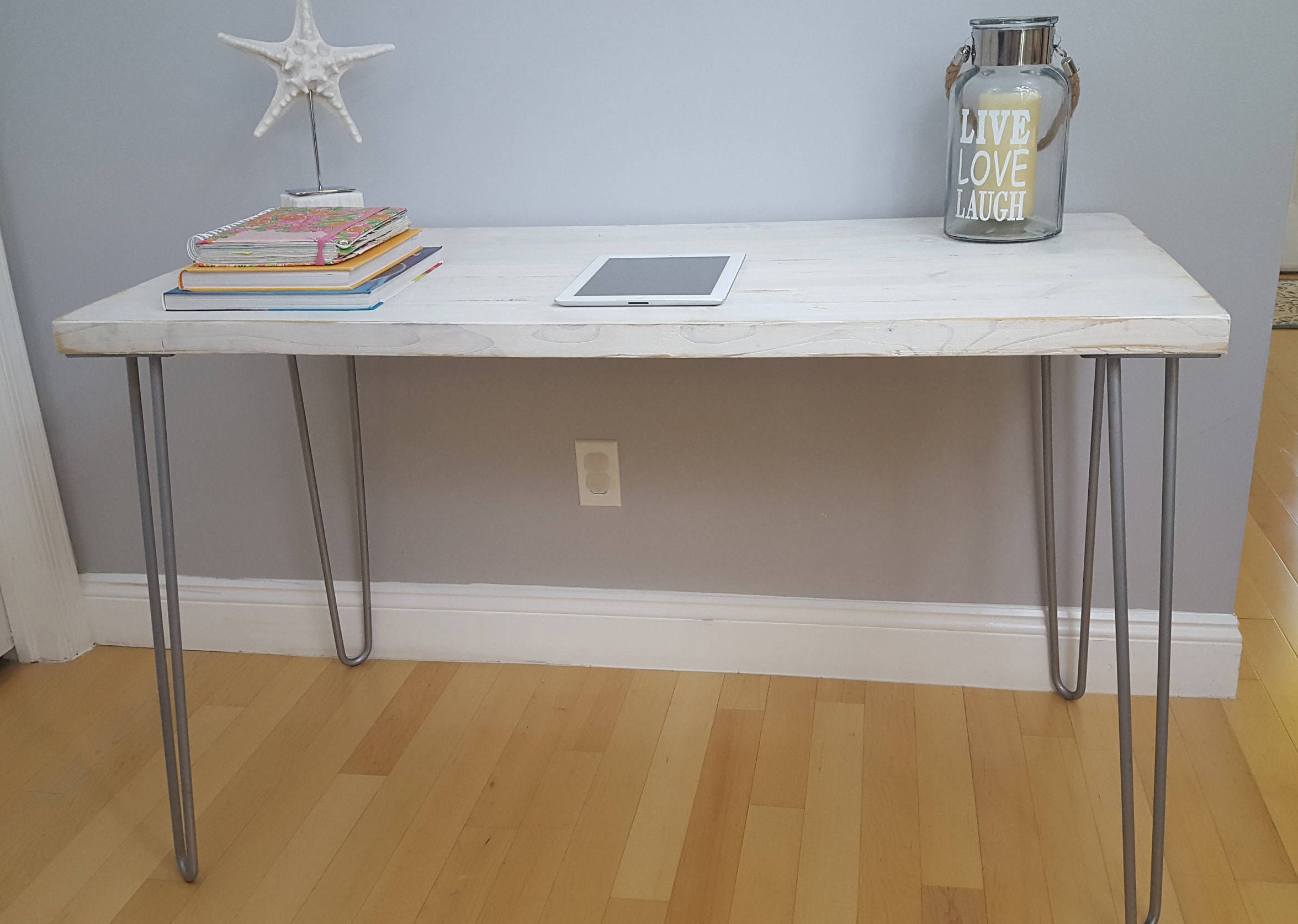 Weathered White Desk Modern Rustic Hairpin Legs Office Midcentury Beach Style Industrial Weathered White Desk Modern Rustic Hairpin Legs Office Midcentury Beach Style Industrial