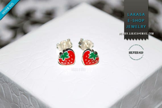 Juicy Strawberry Red Green Enamel Jewelry Stud Earrings Sterling Silver Girl School Kids Collection Moda Fun Color Fruit Cool Best Gift idea
