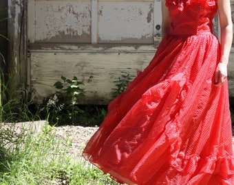 Vintage GUNNE SAX Dress Sweetheart 70's Lolita Ruffle Gown Red Polka Dot Maxi Small