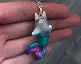 Cat Mermaid Handmade Necklace Jewellery Kawaii Polymer Clay