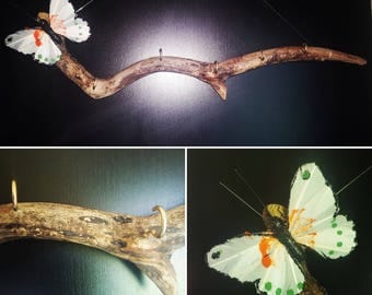 Orange/Green Butterfly Driftwood Jewellery Display Wall Hanging