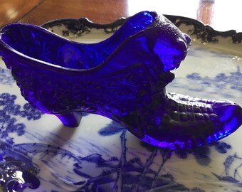 Vintage COBALT BLUE glass SHOE