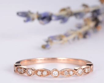 Art Deco Wedding Band Women Diamond Eternity Band Rose Gold Ring Antique Stacking Marquise Milgrain Dainty Anniversary Gift Promise Matching