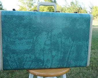 Vintage 21" Teal Turquoise Green Marbled Samsonite Suitcase. Mid-Century Travel Luggage.