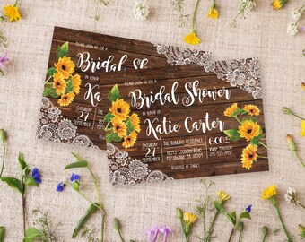 Rustic Bridal Shower Invitation, Sunflower Bridal Shower Invitation Lace Wood Fall Bridal Shower Invitation, Country Bridal Shower Printable