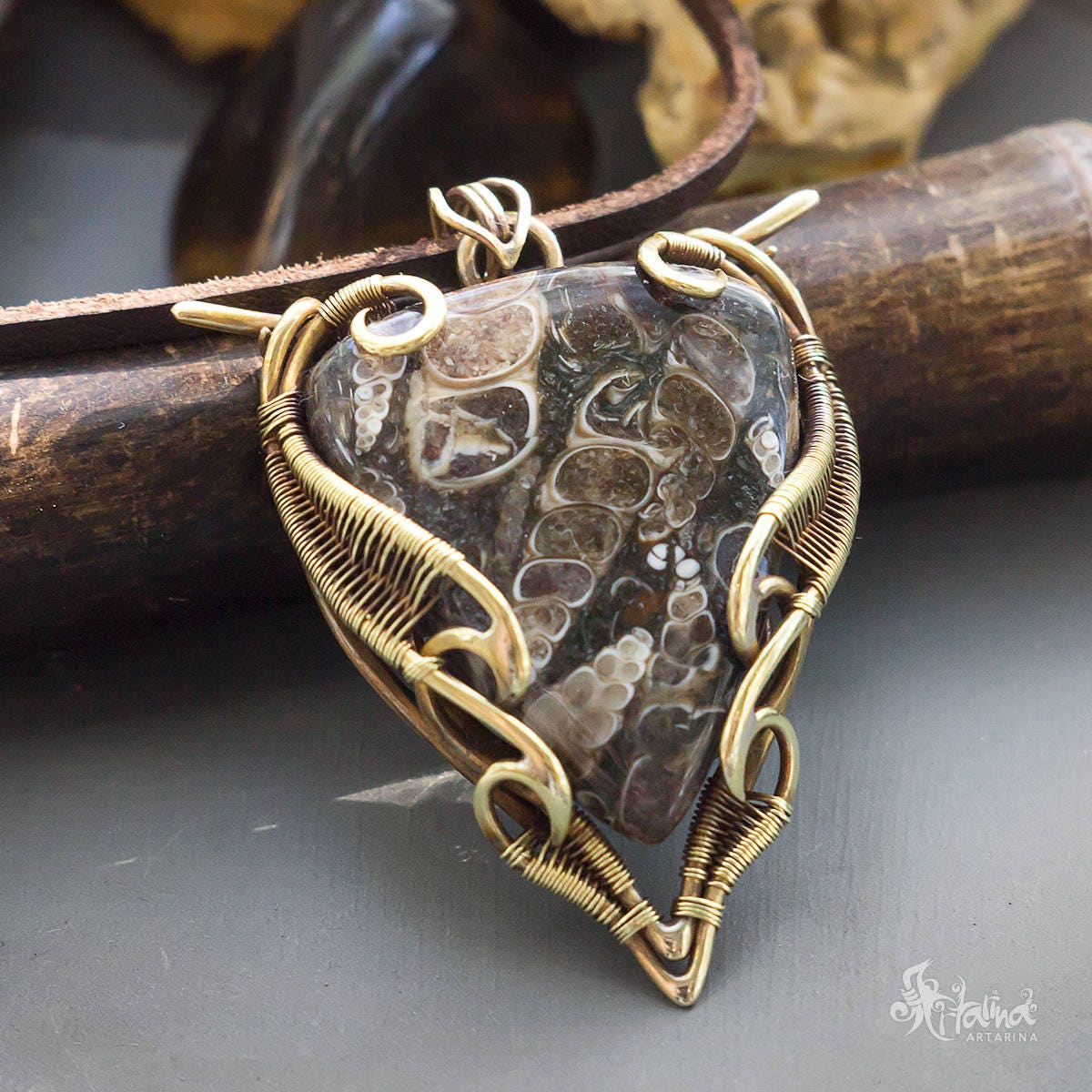 Turritella brass wire wrapped pendant // Turritella wire wrap