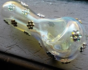 Handmade 4" Glass Smoking Pipe /Swarovski Crystals Flower Pattern /Sparkle Tobacco Crystal Bling Pipe /Brown Gold Chrome Rainbow Rhinestones