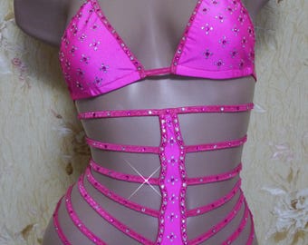 Strappy bikinis, Rhinestone bikini, Rhinestone swimwear, Rhinestone lingerie, High waisted bikini, High waisted swimsuit, Sexy bikini Pink