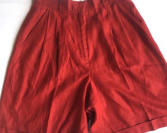 Vintage 90s Valerie Stevens Pure Linen Red High-Waisted Mom Shorts. Size 8