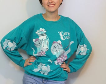 80s GOLF CAT SWEATSHIRT| Funny| Catty Club| Teal|