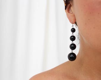 vintage black balls drop dangle earrings / long drop earrings/ 80's / statement earrings/ resin jewelry