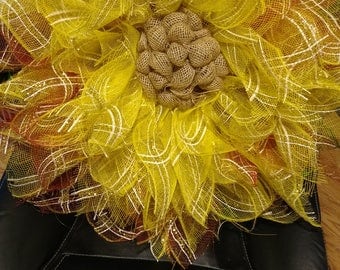 Large Handmade Deco Mesh and Burlap Sunflower Wreath