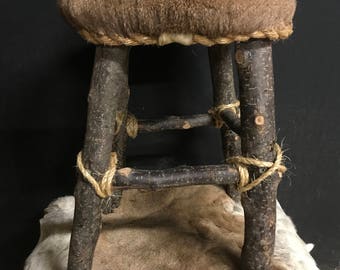 Rustic Deer Hide Skin Fur, Foot stool-ONE OF A KIND