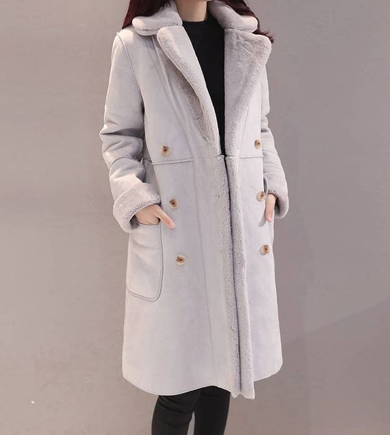 New thick light gray wool double breasted long coat women in