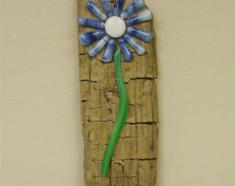 Streaky Blue Glass Flower on Saginaw Bay Driftwood