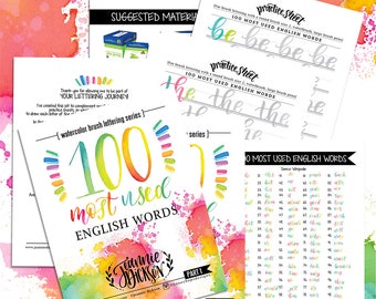 100 Most used English Words - Watercolor Brush Lettering Printable Practice Sheets - Over 100 pages - PDF file Only
