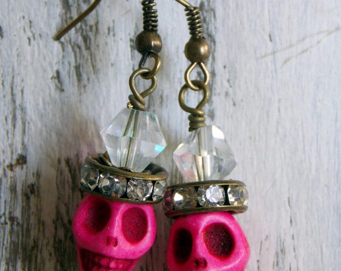 Pink Sugar Skull Earrings Day of the Dead Festive Earrings Rhinestone Goth Blue Skull Dangle Boho Earrings