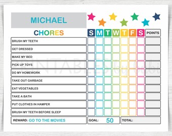 Printable Kids Chore Chart,Weekly Chores, Printable Reward Chart - Chore Chart Editable Responsibility Chart Instant Download PDF