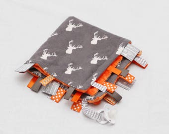 MINI Baby Ribbon Tag Blanket - Minky Binky Blankie - Grey Deer