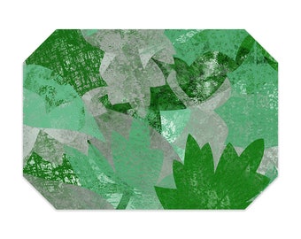 Green leaves placemat, green and gray, washable polyester placemats, printed cloth placemat, fabric placemat, table linens, table setting