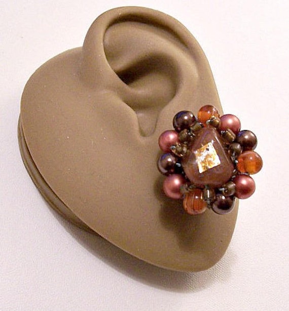Brown Caramel Foil Cluster Clip On Earrings Gold Tone Vintage