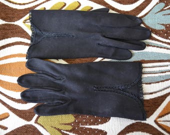 1950s Van Raalte Black Cotton Gloves, Size 6 1/2