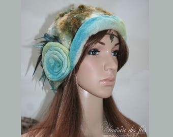 Chapeau femme en feutre turquoise, blanc, marron "Dans mon île"