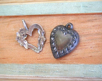 Vintage Sterling Silver Heart Charms, puffy 3D victorian flour di lis embossed, open forget me not etched romantic bracelet pendant SALE