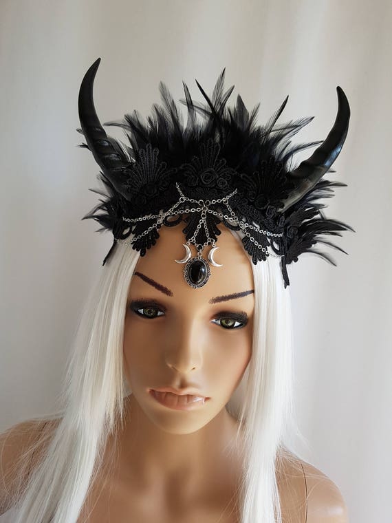 Horned Headdress Headband Headpiece Crown Horns Feathers Roses