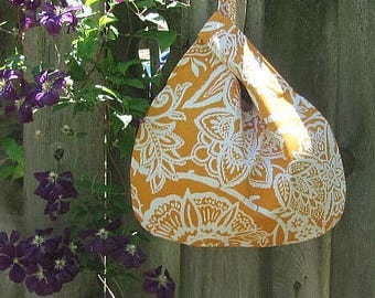 Knitting Project bag, Crochet Bag Japanese Knot Bag, Self Closing Diaper bag, Sherbet Orange Floral Canvas Tote Bag