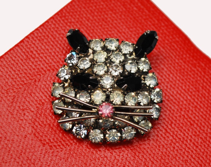 Rhinestone Cat face Brooch - Clear black and pink crystal - silver tone metal - Figurine pin