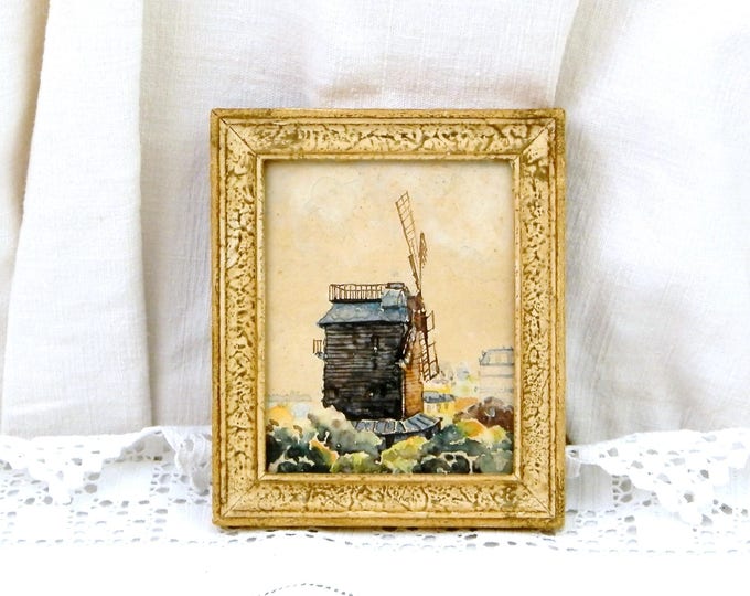 Small Vintage 1950s Framed Hand Painted Water Color Picture of the Windmill in Paris, Le Moulin de La Galette Monmartre, Parisian Home Decor