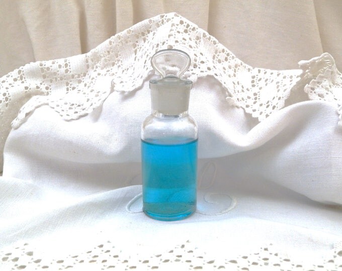 Antique French Clear Glass Medicine / Perfume Bottle with Glass Stopper, Apothecary Doctor Home Decor from France, Retro Home Interior